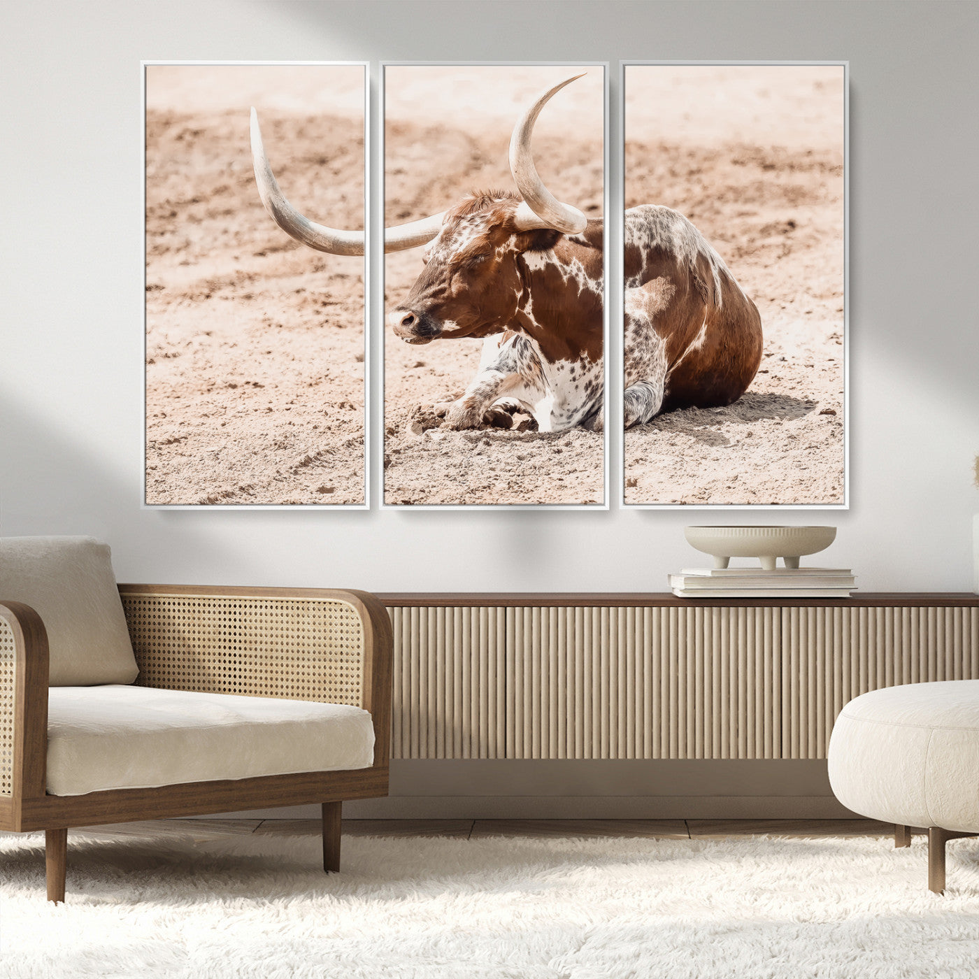 91248682-MGV-CV-36X24-Texas Longhorn Wall Art Canvas Print, Framed Resting Bull Art Picture Print, Spotted Cattle Perfect Rustic Western Decor Artwork