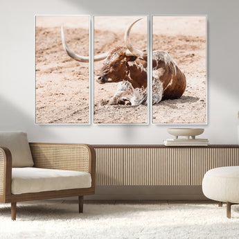 91248682-MGV-CV-36X24-Texas Longhorn Wall Art Canvas Print, Framed Resting Bull Art Picture Print, Spotted Cattle Perfect Rustic Western Decor Artwork