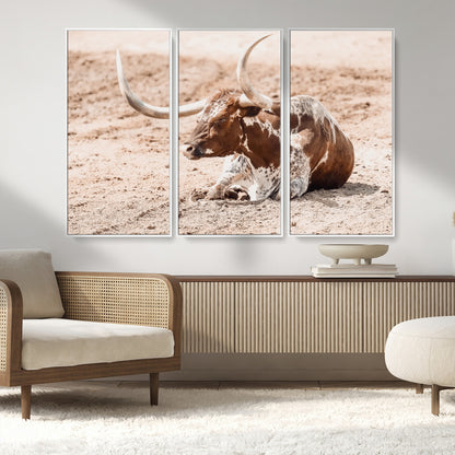 91248682-MGV-CV-36X24-Texas Longhorn Wall Art Canvas Print, Framed Resting Bull Art Picture Print, Spotted Cattle Perfect Rustic Western Decor Artwork