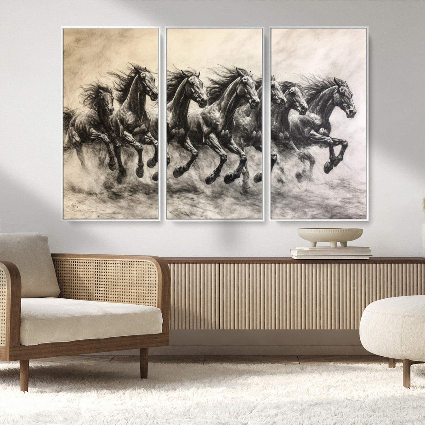 56089591-MGV-FC-48X32-3P_White-Galloping Horses Wall Art Canvas Print, Framed Wild Stallions Art Picture Print, Horse Herd Sketch Perfect Monochrome Dynamic