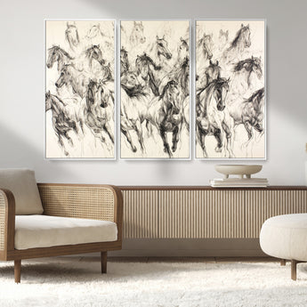 19433417-MGV-CV-36X24-Running Horses Wall Art Canvas Print, Framed Horse Sketch Art Picture Print, Galloping Herd Perfect Monochrome Western Decor