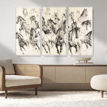 19433417-MGV-CV-36X24-Running Horses Wall Art Canvas Print, Framed Horse Sketch Art Picture Print, Galloping Herd Perfect Monochrome Western Decor