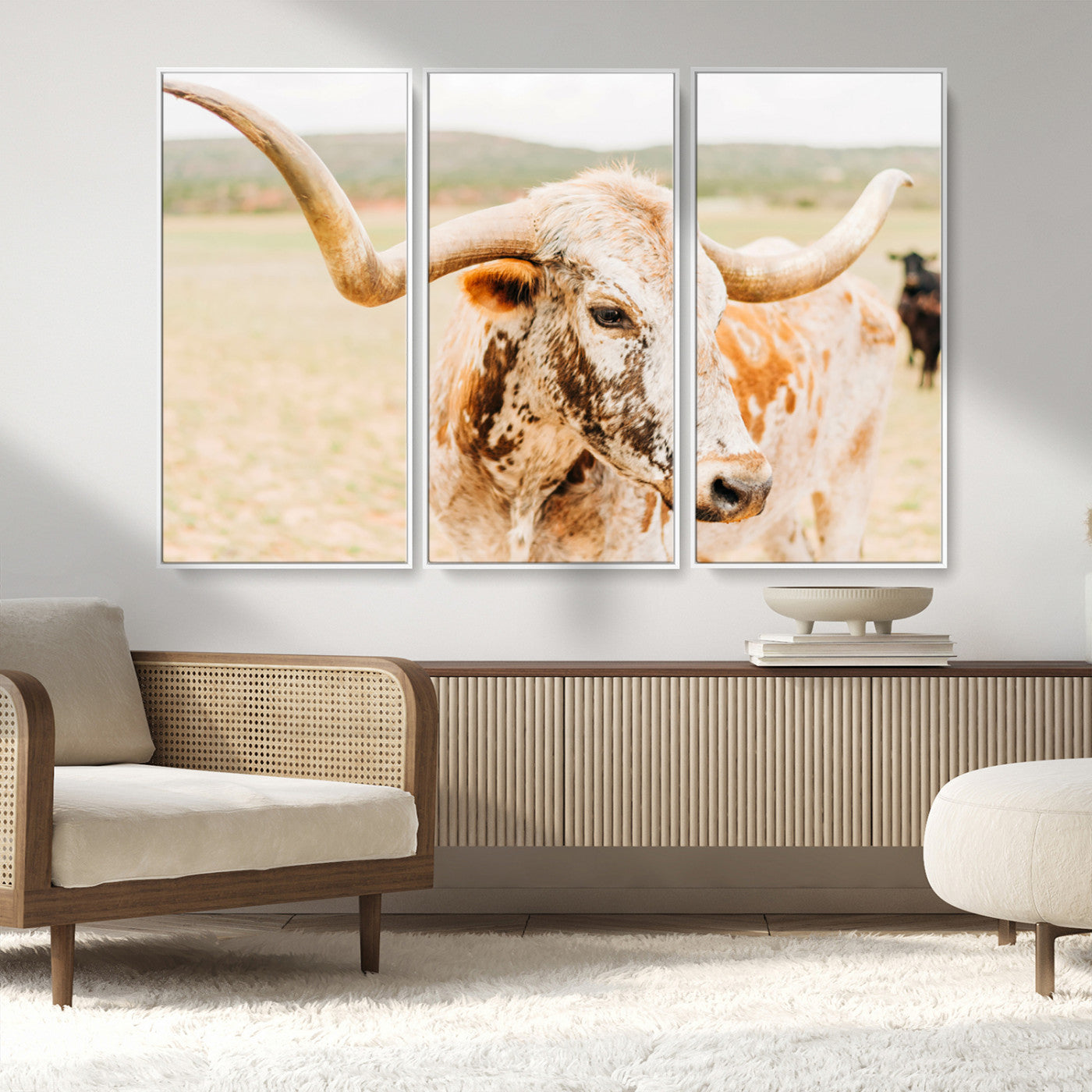 21060648-MGV-CV-36X24-Texas Longhorn Wall Art Canvas Print, Framed Speckled Cow Art Picture Print, Rustic Bull Perfect Rustic Western Decor Artwork