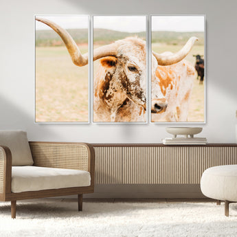 21060648-MGV-CV-36X24-Texas Longhorn Wall Art Canvas Print, Framed Speckled Cow Art Picture Print, Rustic Bull Perfect Rustic Western Decor Artwork