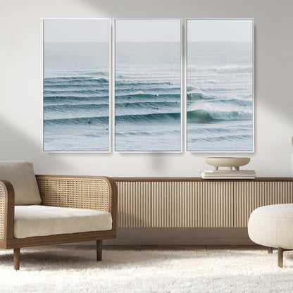 73969318-MGV-CV-36X24-Ocean Waves Wall Art Canvas Print, Framed Surfer Lineup Art Picture Print, Crowded Ocean Perfect Minimal Coastal Decor Artwork