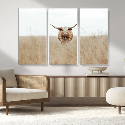 20927060-MGV-CV-36X24-Texas Longhorn Wall Art Canvas Print, Framed Lone Cattle Art Picture Print, Longhorn Bull Perfect Rustic Western Decor Artwork
