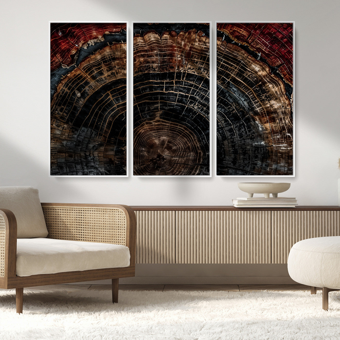 43686762-MGV-FC-48X32-3P_White-Dark Wood Ring Wall Art Canvas Print, Framed Abstract Wood Tree Art Picture Print, Rustic Tree Slice Perfect Rustic Decor Artwork