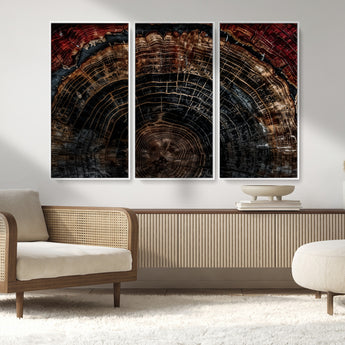 43686762-MGV-FC-48X32-3P_White-Dark Wood Ring Wall Art Canvas Print, Framed Abstract Wood Tree Art Picture Print, Rustic Tree Slice Perfect Rustic Decor Artwork