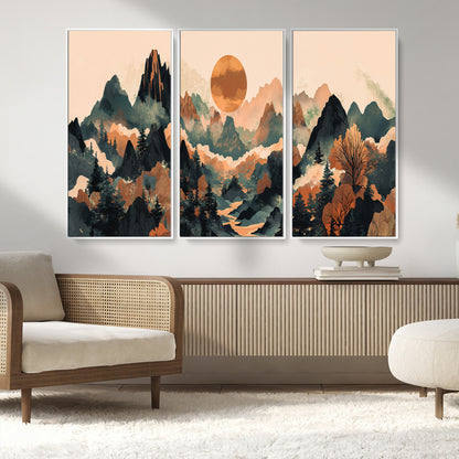 13012770-MGV-CV-36X24-Mountain Landscape Wall Art – Modern Nature Canvas Print with Sun, Misty Peaks, and Forest in Orange and Green Tones for Living