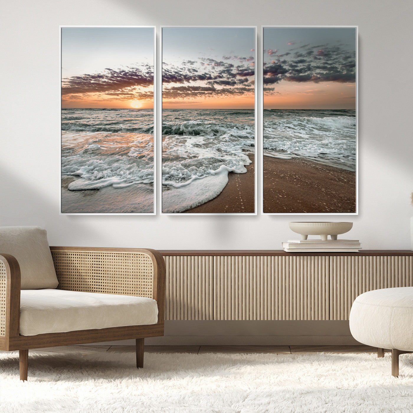 40632752-MGV-FC-48X32-3P_White-Ocean Sunset Wall Art Canvas Print, Framed Beach Waves Art Picture Print, Coastal Scene Perfect Coastal Decor Artwork