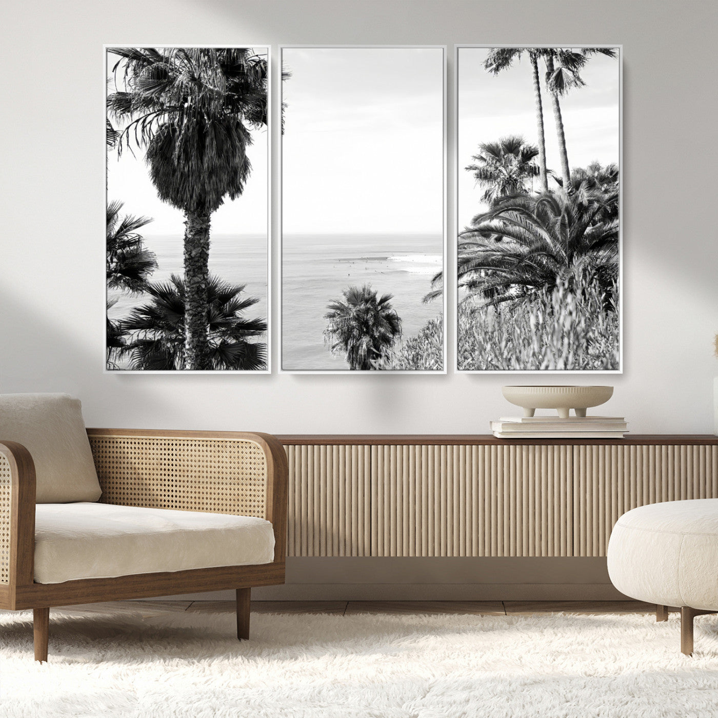 89458520-MGV-CV-36X24-Palm Trees Wall Art Canvas Print, Framed Coastal View Art Picture Print, Ocean Horizon Perfect Monochrome Coast Decor Artwork
