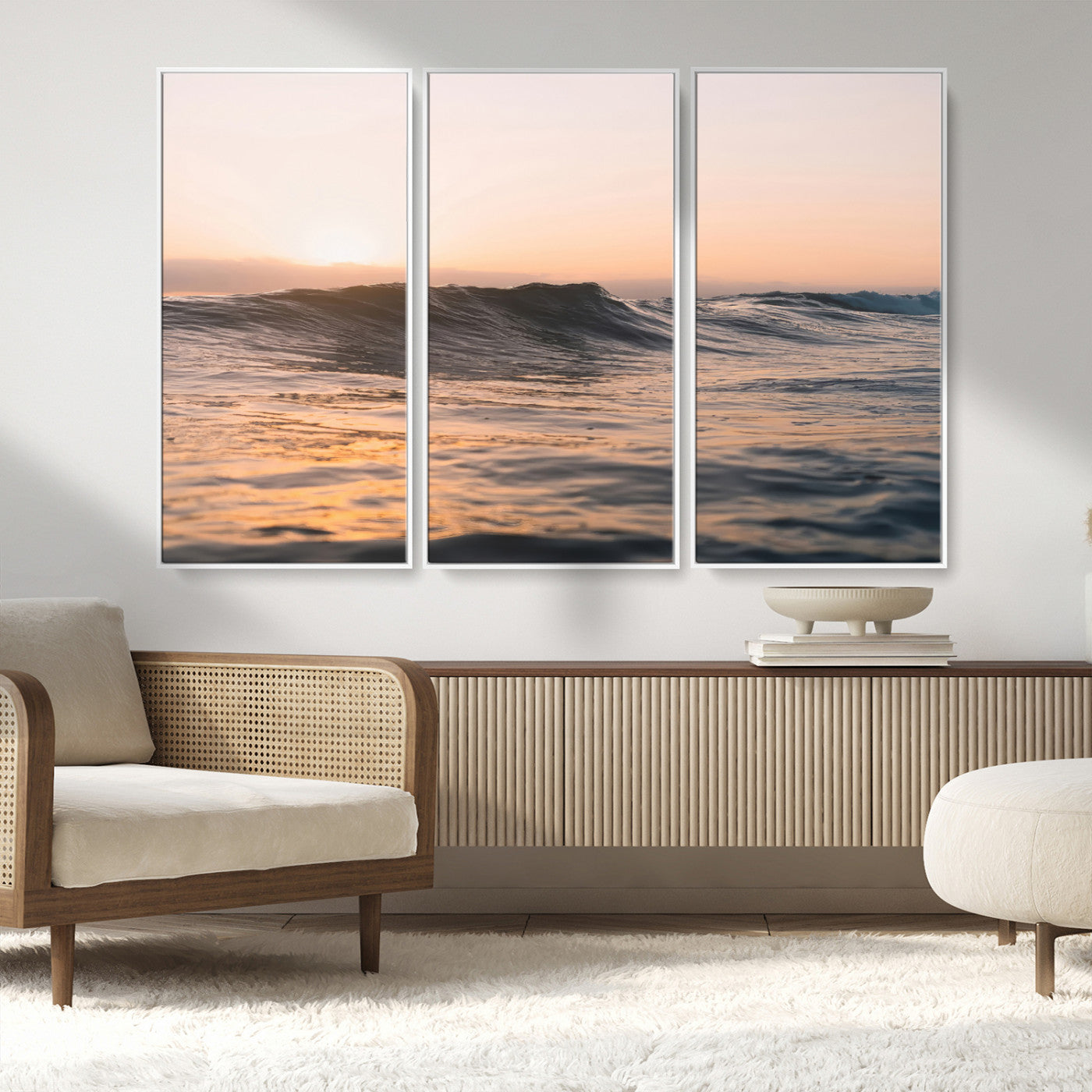 46299358-MGV-FC-48X32-3P_White-Sunset Waves Wall Art Canvas Print, Framed Ocean Horizon Art Picture Print, Golden Water Perfect Golden Hour Coastal Decor Artwork
