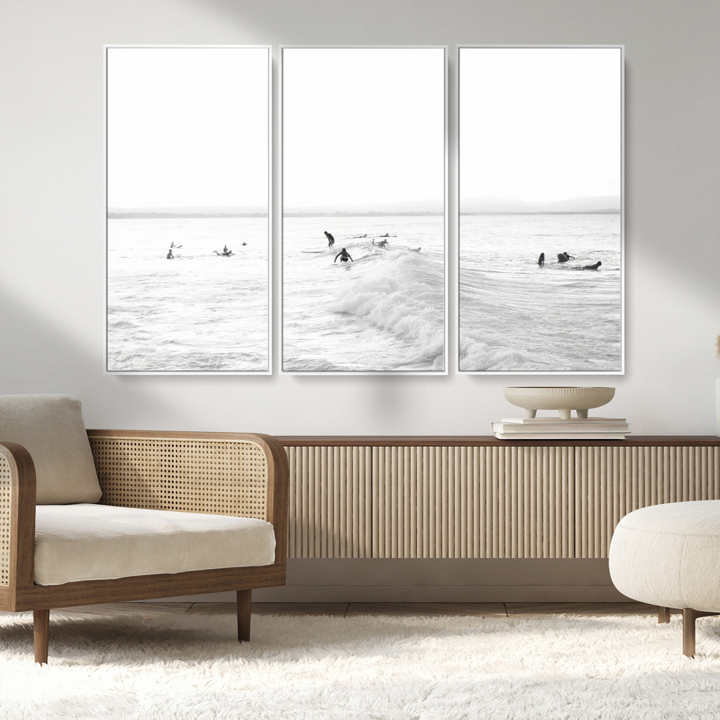 33449548-MGV-CV-36X24-Group Surfers Wall Art Canvas Print, Framed Ocean Wave Art Picture Print, Surf Crowd Perfect Monochrome Surf Decor Artwork