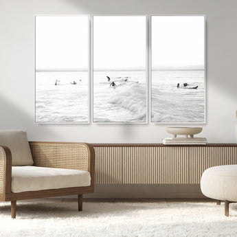 33449548-MGV-CV-36X24-Group Surfers Wall Art Canvas Print, Framed Ocean Wave Art Picture Print, Surf Crowd Perfect Monochrome Surf Decor Artwork