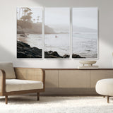 62501405-MGV-CV-36X24-Misty Beach Wall Art Canvas Print, Framed California Surfer Art Picture Print, Coastal Cliff Perfect Coastal Beach Decor Artwork