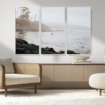 62501405-MGV-CV-36X24-Misty Beach Wall Art Canvas Print, Framed California Surfer Art Picture Print, Coastal Cliff Perfect Coastal Beach Decor Artwork