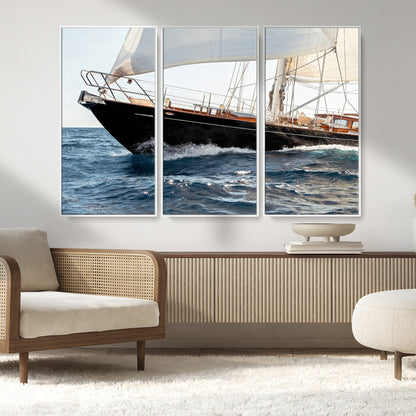 97168626-MGV-CV-36X24-Sailing Yacht Wall Art Canvas Print, Framed Wooden Yacht Art Picture Print, Ocean Waves Perfect Nautical Coastal Decor Artwork
