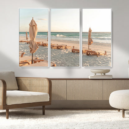 58507949-MGV-CV-36X24-Beach Umbrellas Wall Art Canvas Print, Framed Empty Loungers Art Picture Print, Soft Sand Perfect Minimalist Seaside Decor Artwork