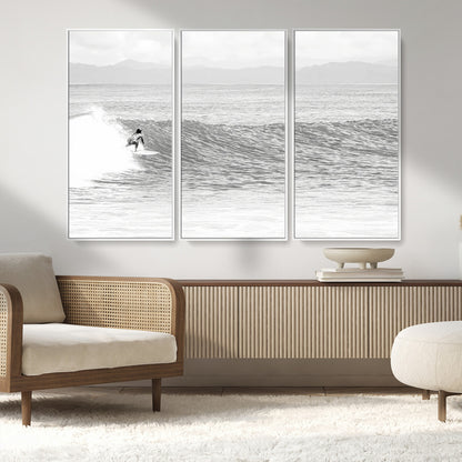 81535128-MGV-FC-48X32-3P_White-Surfer Woman Wall Art Canvas Print, Framed Black Ocean Art Picture Print, Ocean Surfing Perfect Monochrome Coastal Decor Artwork