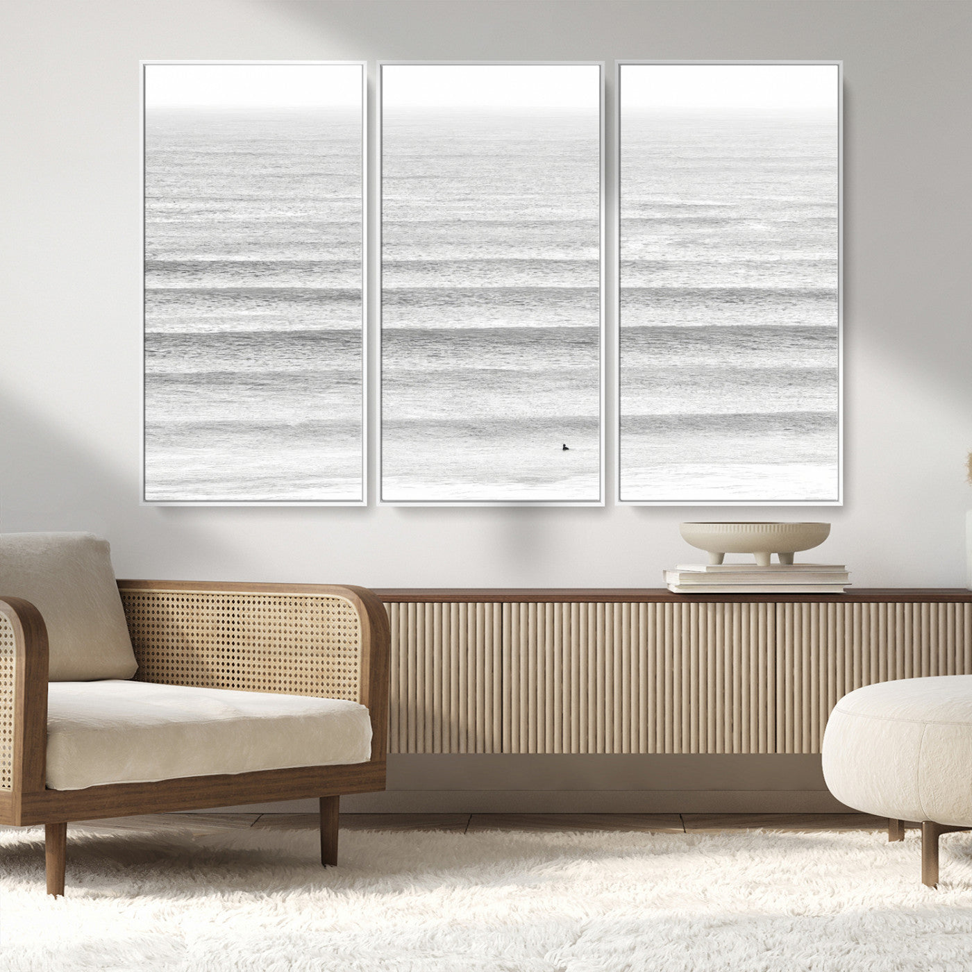 66534476-MGV-CV-36X24-Lone Surfer Wall Art Canvas Print, Framed Ocean Waves Art Picture Print, Minimal Sea Perfect Minimal Coastal Decor Artwork