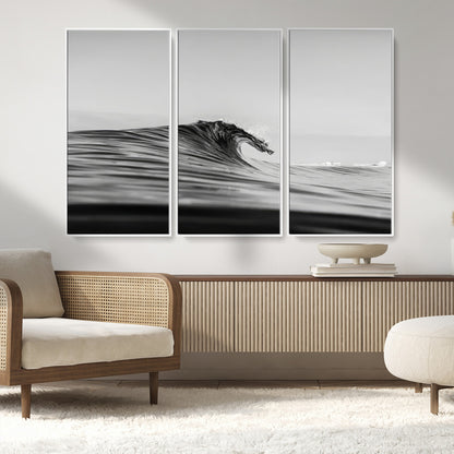 24029476-MGV-FC-48X32-3P_White-Black Wave Wall Art Canvas Print, Framed Abstract Surf Art Picture Print, Minimalist Ocean Perfect Minimalist Coastal Decor