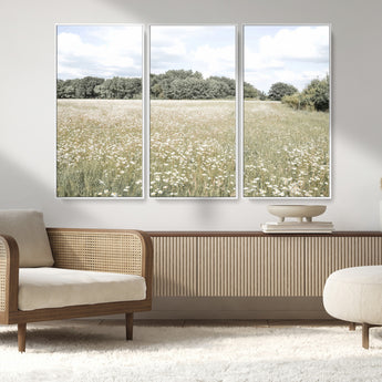43258946-MGV-CV-36X24-Daisy Field Wall Art Canvas Print, Framed Pastel Flower Art Picture Print, Meadow Bloom Perfect Scandinavian Minimalist Decor