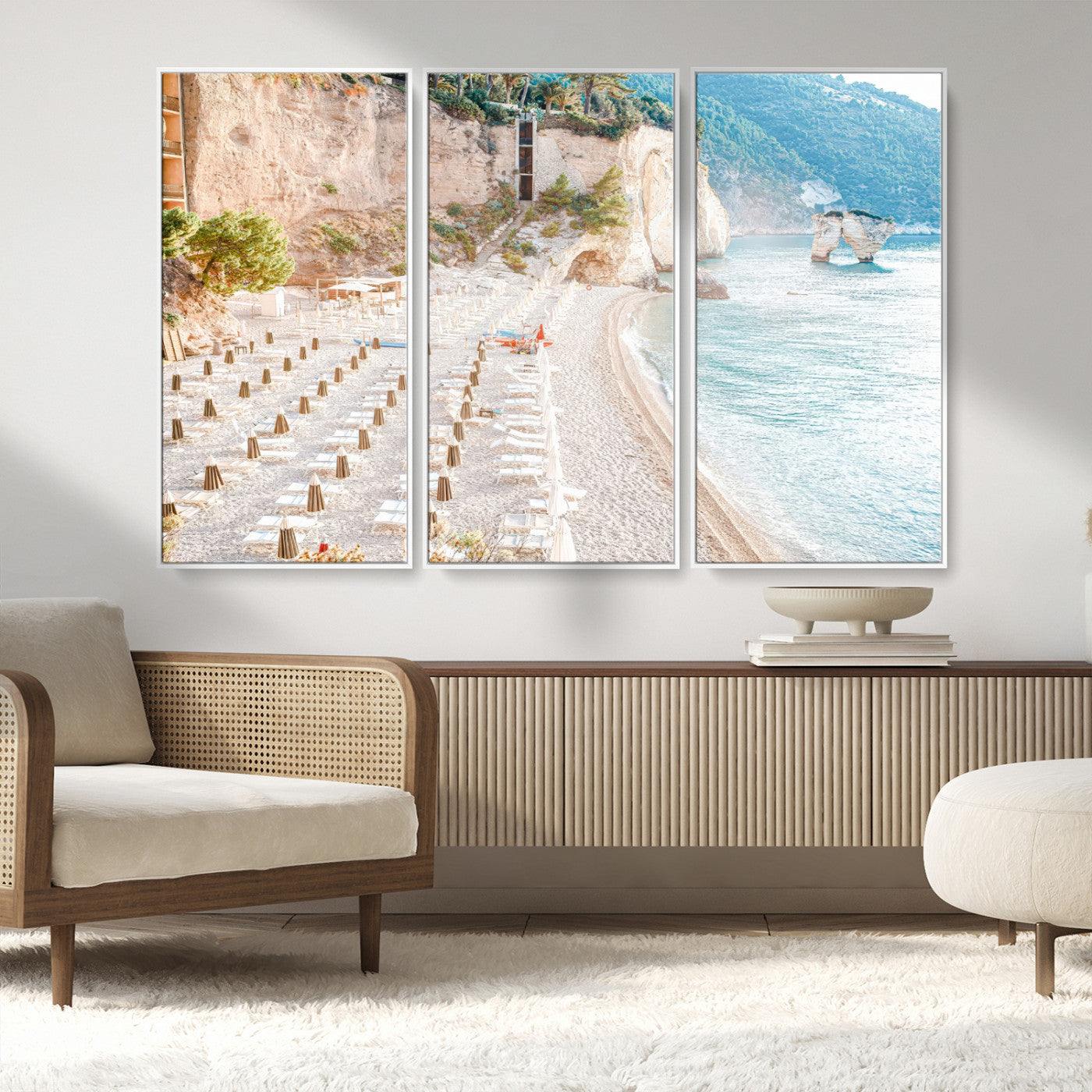 84816639-MGV-FC-48X32-3P_White-Mediterranean Beach Wall Art Canvas Print, Framed Airy Coastal Art Picture Print, Summer Shore Perfect Coastal Retreat Decor