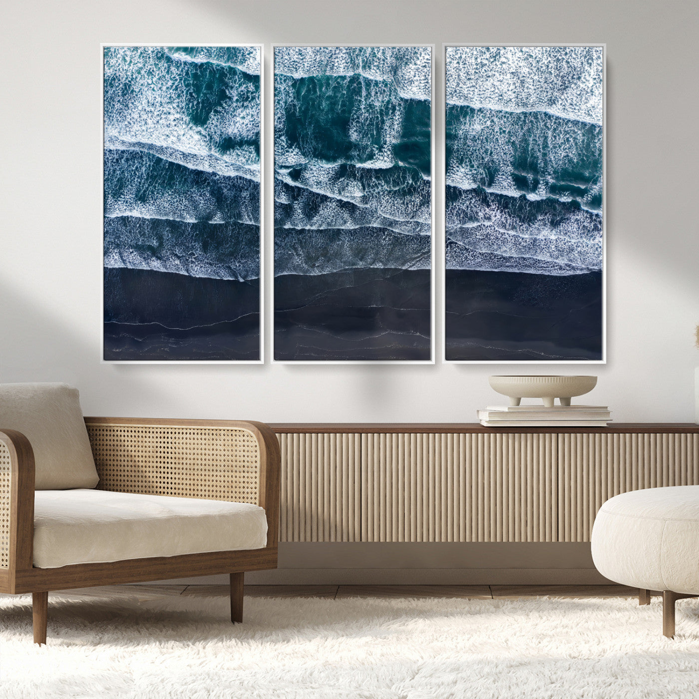 87941475-MGV-FC-48X32-3P_White-Black Beach Wall Art Canvas Print, Framed Aerial Ocean Art Picture Print, Moody Coastal Perfect Modern Coastal Decor Artwork