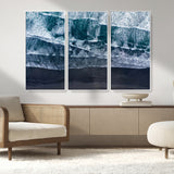 87941475-MGV-FC-48X32-3P_White-Black Beach Wall Art Canvas Print, Framed Aerial Ocean Art Picture Print, Moody Coastal Perfect Modern Coastal Decor Artwork