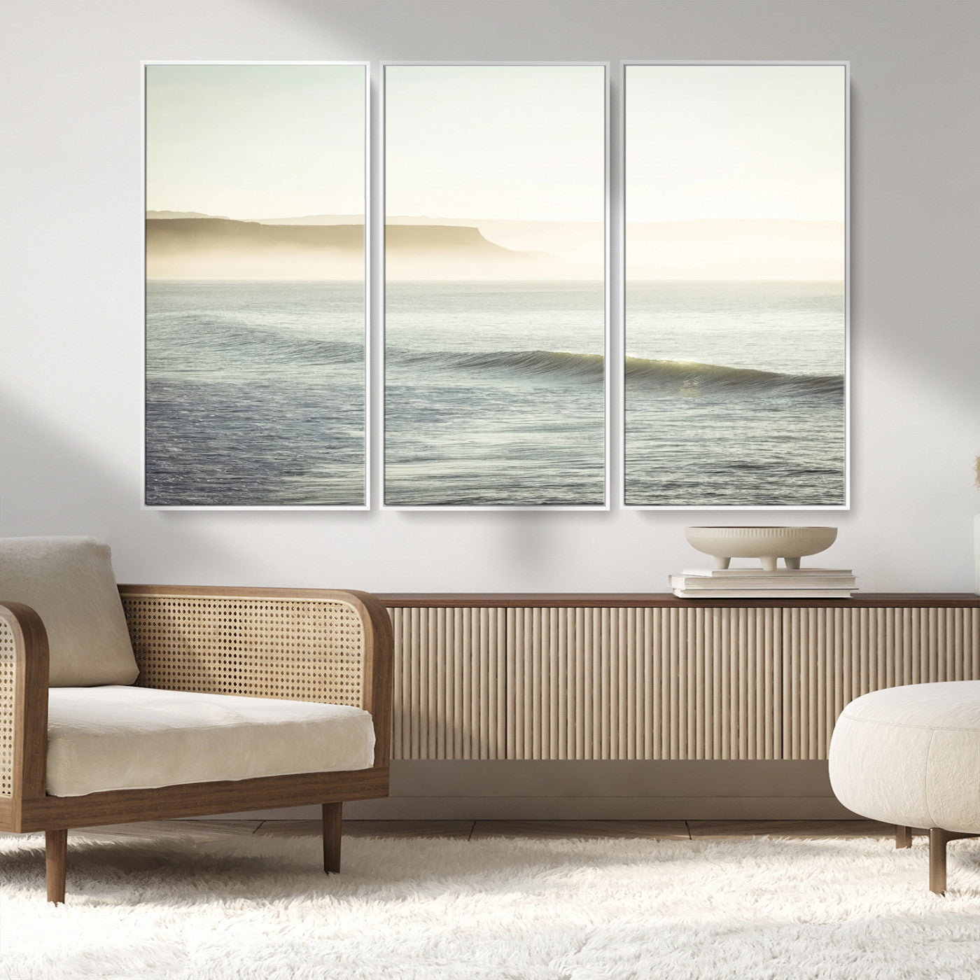 39310633-MGV-FC-48X32-3P_White-Coastal Cliffs Wall Art Canvas Print, Framed Misty Ocean Art Picture Print, Morning Light Perfect Minimalistic Coastal Decor
