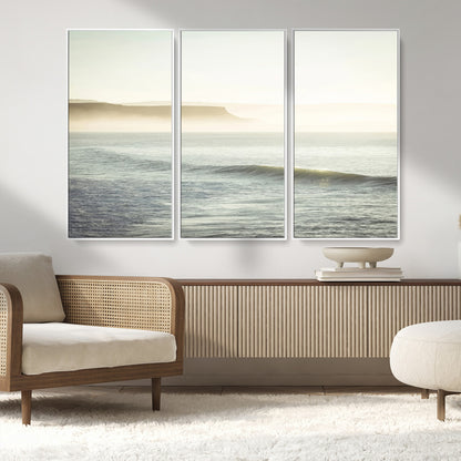 39310633-MGV-FC-48X32-3P_White-Coastal Cliffs Wall Art Canvas Print, Framed Misty Ocean Art Picture Print, Morning Light Perfect Minimalistic Coastal Decor