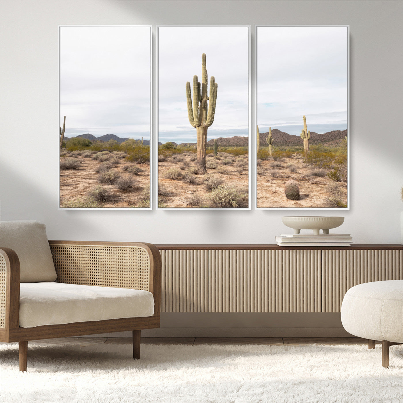 96147924-MGV-FC-48X32-3P_White-Saguaro Cactus Wall Art Canvas Print, Framed Desert Cactus Art Picture Print, Earthy Desert Perfect Southwestern Boho Decor