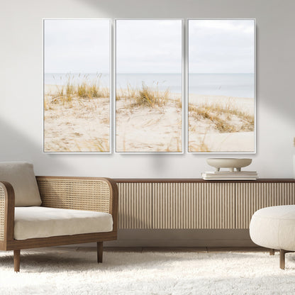 13146857-MGV-FC-48X32-3P_White-Beach Dunes Wall Art Canvas Print, Framed Soft Horizon Art Picture Print, Coastal Grass Perfect Minimalist Coastal Decor Artwork