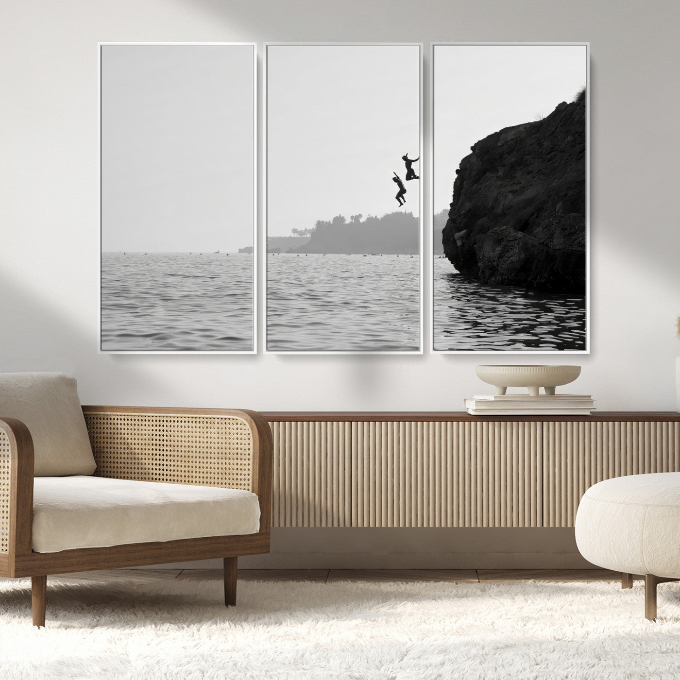 52284302-MGV-CV-36X24-Cliff Jumping Wall Art Canvas Print, Framed Ocean Adventure Art Picture Print, Black White Coast Perfect Modern Coastal Decor