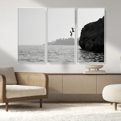 52284302-MGV-CV-36X24-Cliff Jumping Wall Art Canvas Print, Framed Ocean Adventure Art Picture Print, Black White Coast Perfect Modern Coastal Decor
