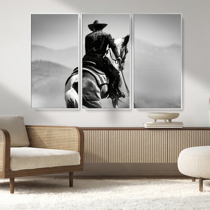 83102464-MGV-CV-36X24-Western Cowboy Wall Art Canvas Print, Framed Monochrome Horse Art Picture Print, Western Equestrian Perfect Rustic Western Decor