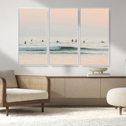 98888919-MGV-FC-48X32-3P_White-Pastel Ocean Wall Art Canvas Print, Framed Soft Sunset Swimming Art Picture Print, Calm Sea Horizon Perfect Soft Coastal