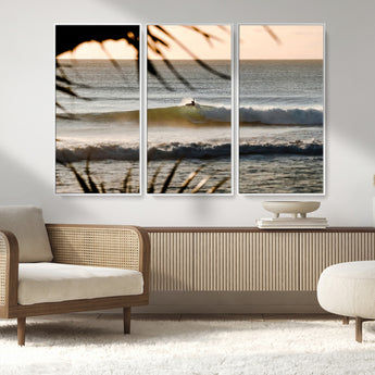 24896468-MGV-CV-36X24-Sunset Surf Wall Art Canvas Print, Framed Golden Waves Art Picture Print, Tropical Ocean Perfect Tropical Boho Decor Artwork