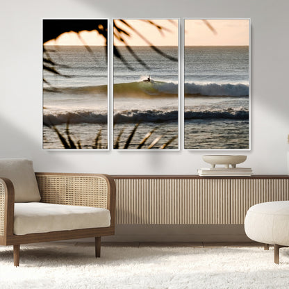 24896468-MGV-CV-36X24-Sunset Surf Wall Art Canvas Print, Framed Golden Waves Art Picture Print, Tropical Ocean Perfect Tropical Boho Decor Artwork