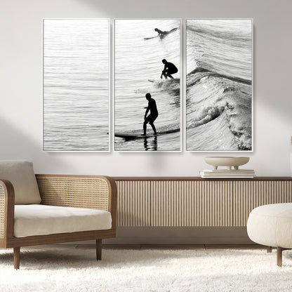 19875284-MGV-CV-36X24-Surfer Waves Wall Art Canvas Print, Framed Black White Surf Art Picture Print, Monochrome Ocean Perfect Modern Coastal Decor