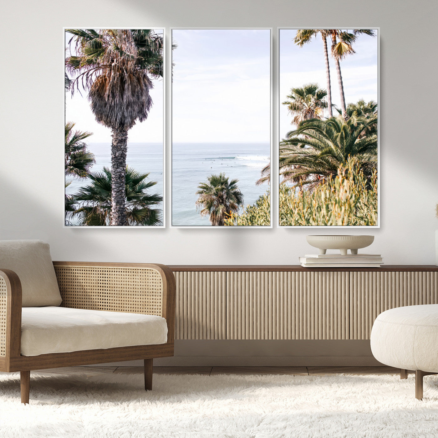 51404565-MGV-FC-48X32-3P_White-Palm Trees Wall Art Canvas Print, Framed Ocean Breeze Art Picture Print, Coastal View Perfect Tropical Coastal Decor Artwork