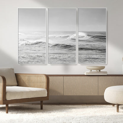 98634812-MGV-FC-48X32-3P_White-Black and White Ocean Waves Wall Art – Minimalist Sea Canvas Print, Coastal Photography Decor for Living Room, Bedroom or Office