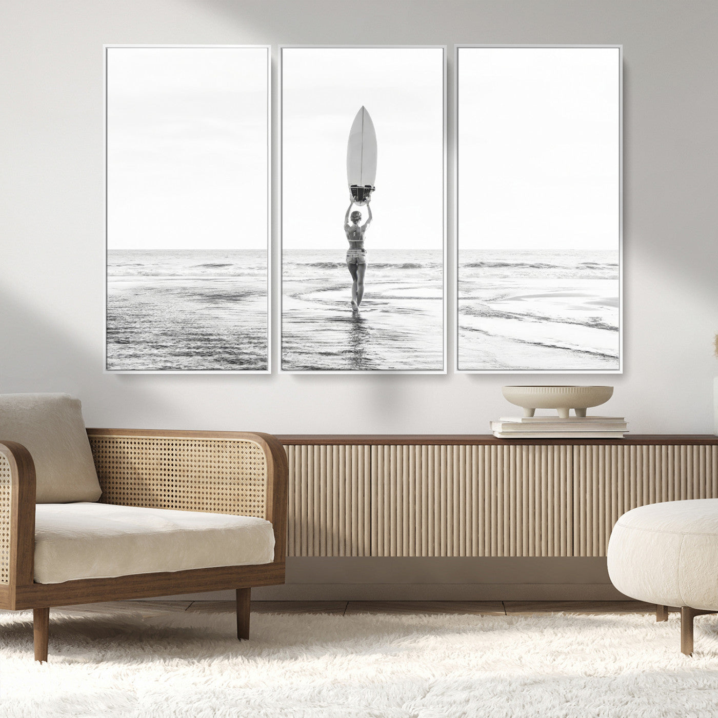 98446901-MGV-FC-48X32-3P_White-Monochrome Surf Wall Art Canvas Print, Framed Minimalist Surfer Art Picture Print, Surfboard Silhouette Perfect Coastal Minimalist