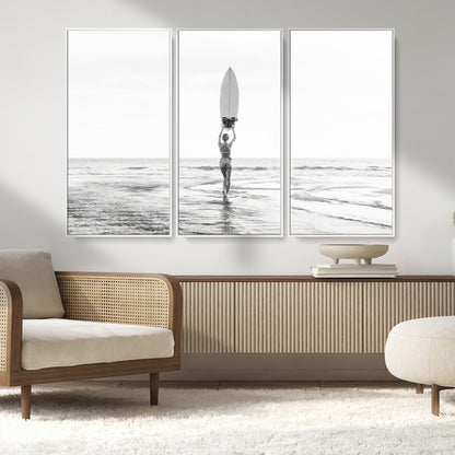 98446901-MGV-FC-48X32-3P_White-Monochrome Surf Wall Art Canvas Print, Framed Minimalist Surfer Art Picture Print, Surfboard Silhouette Perfect Coastal Minimalist