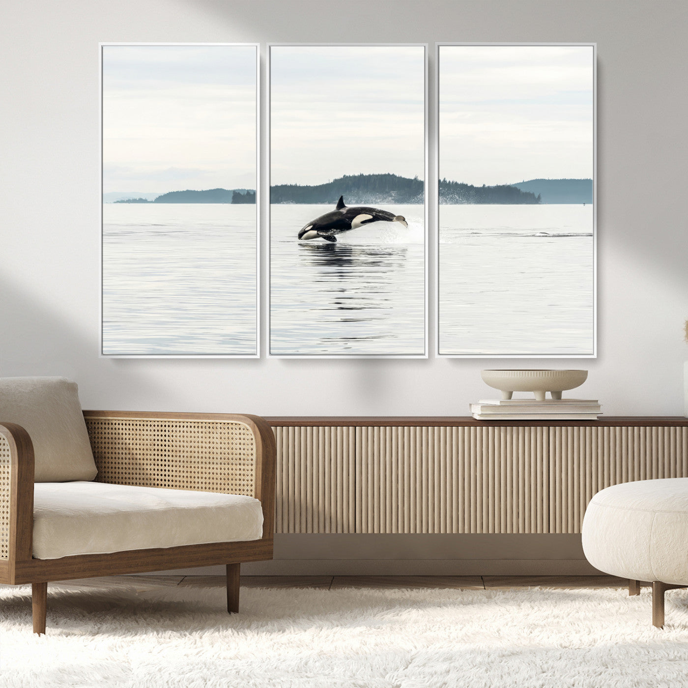 10157174-MGV-FC-48X32-3P_White-Orca Whale Wall Art Canvas Print, Framed Black White Whale Art Picture Print, Minimalist Ocean Perfect Coastal Minimalist Decor