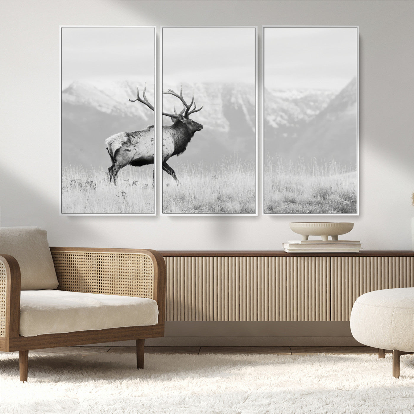 62278753-MGV-CV-36X24-Monochrome Elk Wall Art Canvas Print, Framed Mountain Wildlife Art Picture Print, Rustic Nature Perfect Rustic Minimalist Decor