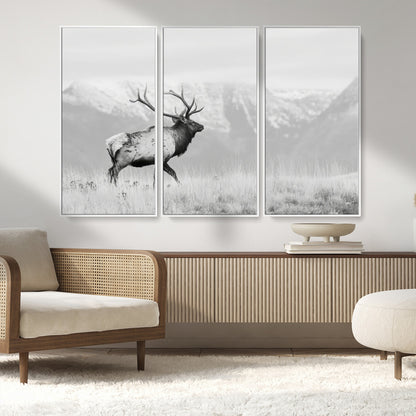 62278753-MGV-CV-36X24-Monochrome Elk Wall Art Canvas Print, Framed Mountain Wildlife Art Picture Print, Rustic Nature Perfect Rustic Minimalist Decor