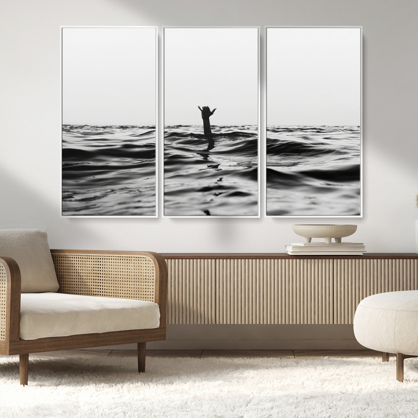 69541918-MGV-FC-48X32-3P_White-Black White Ocean Wall Art Canvas Print, Framed Moody Seascape Art Picture Print, Surfer Sign Perfect Moody Minimalist Decor