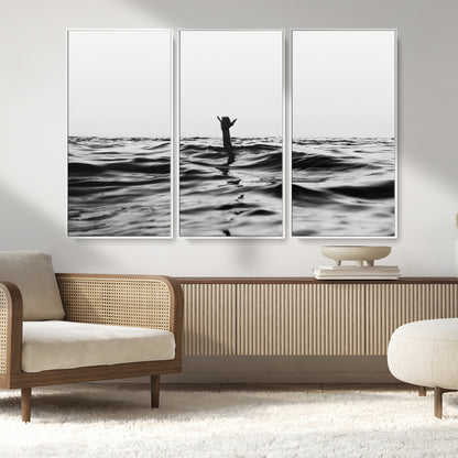 69541918-MGV-FC-48X32-3P_White-Black White Ocean Wall Art Canvas Print, Framed Moody Seascape Art Picture Print, Surfer Sign Perfect Moody Minimalist Decor