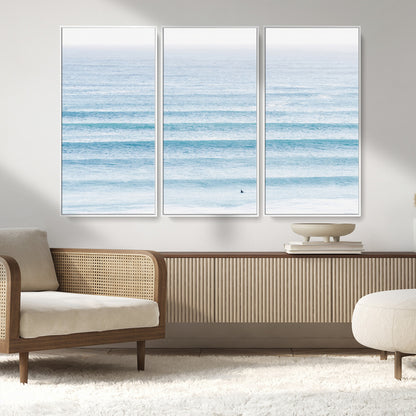 77145995-MGV-FC-48X32-3P_White-Ocean Simplicity Wall Art Canvas Print, Framed Surfer on Water Art Picture Print, Light Blue Perfect Coastal Minimalist Decor